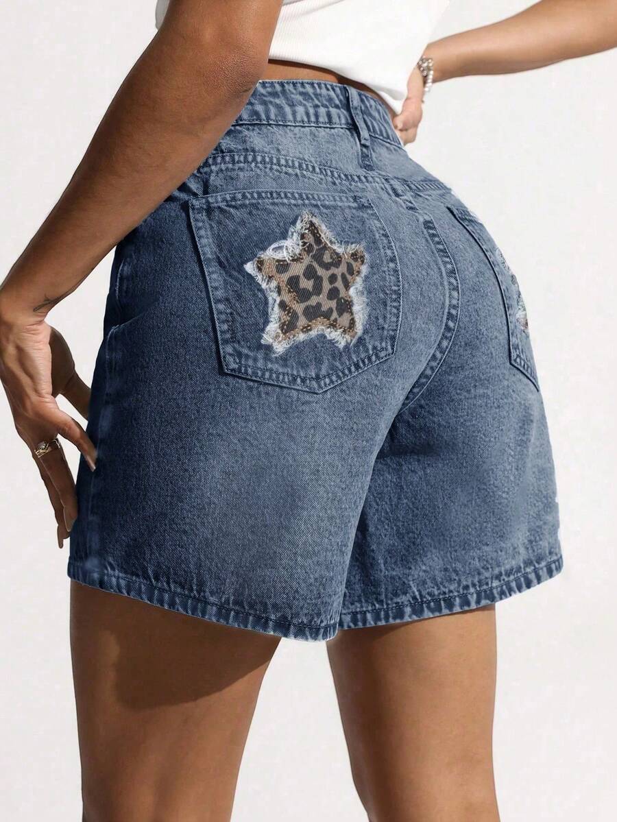 Quần short denim phong cách đường phố Y2K, chất liệu denim bạc màu, họa tiết da báo và họa tiết ngôi sao, kiểu dáng thường ngày đa năng cho mùa hè. - Giỏ hoa chiên - Xem 1