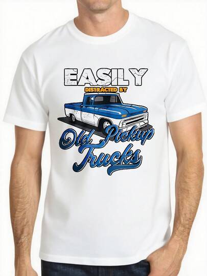 Easily Distracted By Old Pickup Trucks Printed Premium Cotton T-Shirts Men Summer Short Sleeve Tees Casual Tops