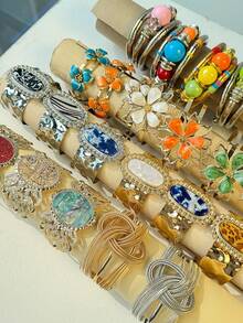 20/15/12/10/7/5/3/1件 随机颜色 全息树脂石豹纹复古优雅奢华宫廷珐琅滴油花朵金属手镯，镂空花朵蝴蝶手镯 - 彩色 - 查看 3