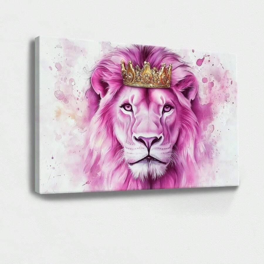 1pc Pink Valentine Decor, Galentine Gift Wooden Framed Wall Art, Wrapped Canvas Vintage Prints Poster, Lion, Crown, Animal Portrait - Botanical, Painting, Figurative Art, Illustrative Style, Perfect Gift Decor, Wall Art For Living Room Bedroom Office, Hanging Hardware Included - Wrapped Framed Canvas, Horizontal - Framed Canvas - View 1