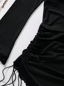 1件女士高品质牛奶丝V领撞色蕾丝套头荷叶边长袖连衣裙，春秋季 - 黑色 - 查看 10