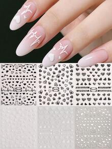 6pcs 5D Embossed Heart Nail Stickers, - Valentine's Day Black & White Heart Nail Art Decals For Women's DIY At Home