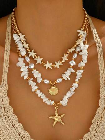 3件套波西米亚海滩度假风随机串珠项链套装，包括CCB仿珍珠、绿松石、海星和扇贝吊坠。