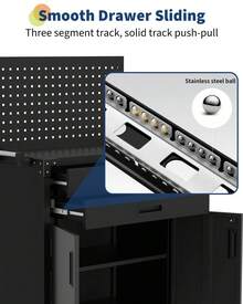 clóset de Acero Resistente con 2 cajones, Tablero de Clavijas y 4 Ruedas, Banco de Trabajo con Cerradura para Taller, almacén - Negro - Ver 9