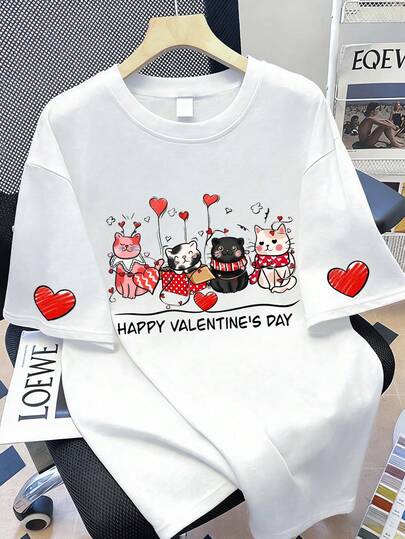Plus Size Women's Casual Soft Comfortable Cute Cartoon Cat T-Shirt, Loose White Casual Top, Suitable For Valentine's Day, New Year Decoration. Suitable For Daily, Outing, Festival, Beach Party, Music Festival, Vacation, Commuting Wear.