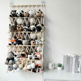 1件毛绒娃娃网或吊床，蕾丝收纳整理架，男孩女孩家居装饰，婴儿房、游戏室悬挂式收纳，优雅卧室装饰，蓬松网面，双层编织带流苏，大型毛绒娃娃展示收纳网，可调节动物造型网，适用于卧室、游戏室、墙面装饰，可收纳毛绒玩具、衣服、书籍、杂志等。