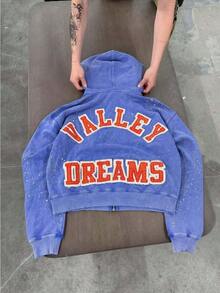 Men's Zip-Up Hoodie Casual Streetwear Sweatshirt With Valley Dreams Embroidered Logo Print And Rhinestone Detail - Màu xanh lam - Xem 2