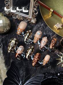 10片杏仁形假指甲，棕色、香槟色、金色、裸色，秋季美甲，经典法式美甲贴纸，自然肤色，3D装饰元素，棕色铬金，金属色，水钻装饰，星星，金属美甲贴片，欧美风全覆盖假指甲套装，波西米亚美人鱼白色蝴蝶星星北欧风全覆盖亚克力按压式美甲 - 摩卡棕 - 查看 3