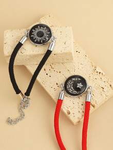 2pcs Romantic Sun & Moon Lovers Vintage Handmade Braided Bracelet, Unisex, Suitable For Ramadan, Valentine's Day - Multicolor - View 2