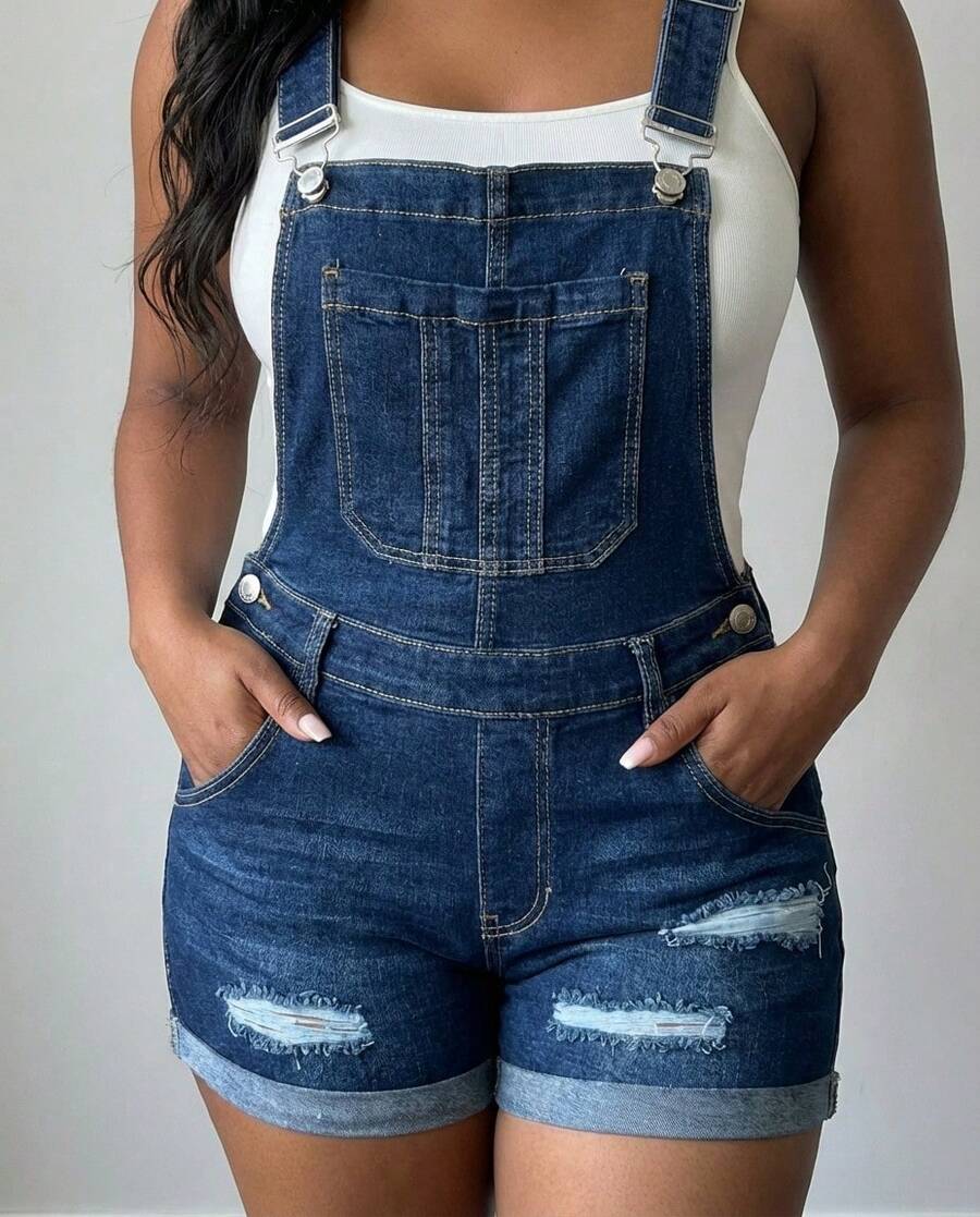 Damshorts med justerbara remmar och slitna muddar, tvättade denimbyxor, sommar - Mediumtvätt - Visa 1