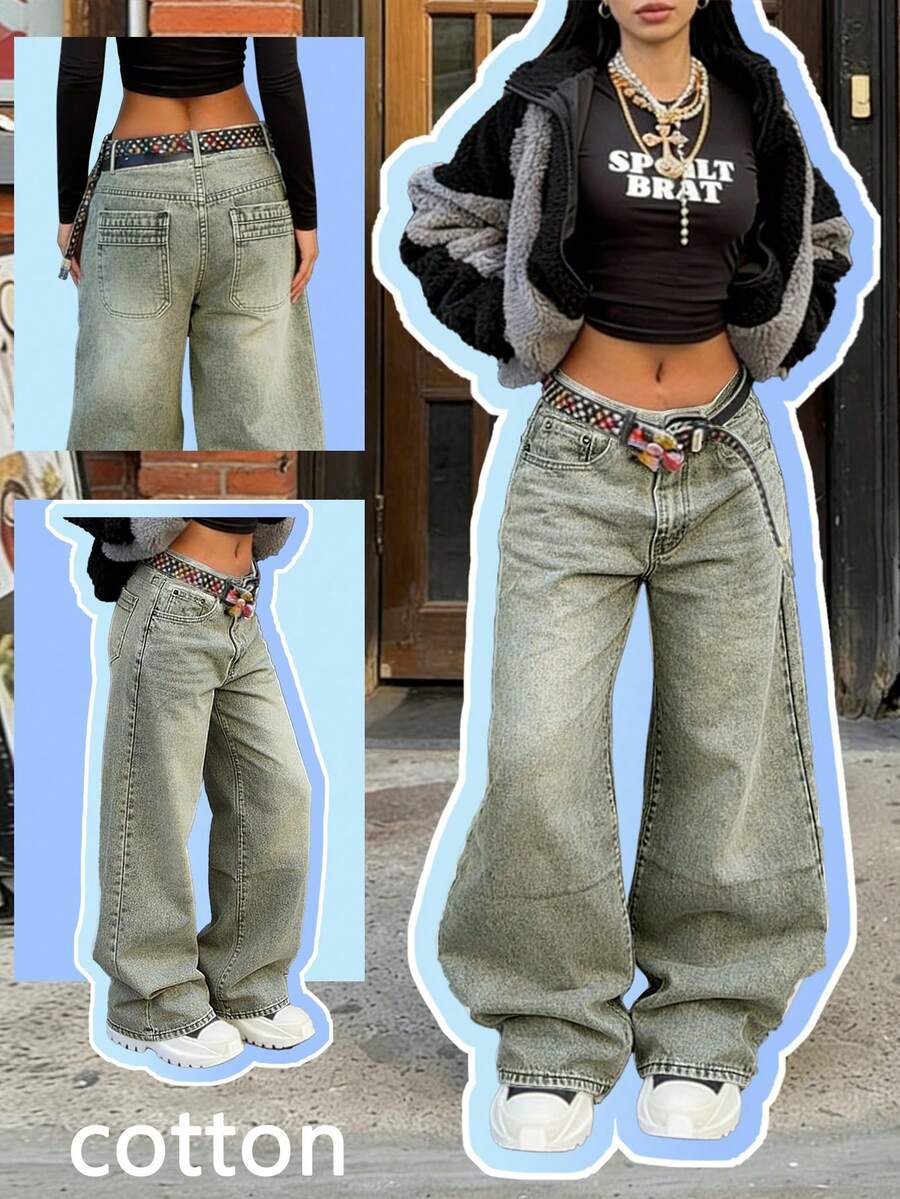 Quần jeans nữ ống rộng cạp cao phong cách retro - Quần thường ngày kiểu đường phố. - màu xanh lá - Xem 1