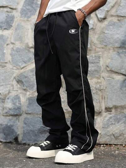 Pantalones rectos holgados con parches y rayas de contraste de color para hombres, con cintura con cordón, para primavera y otoño, pantalones anchos con estampado de letras, casuales, para ir al trabajo, al aire libre, deportes, escuela, moda callejera, versátiles