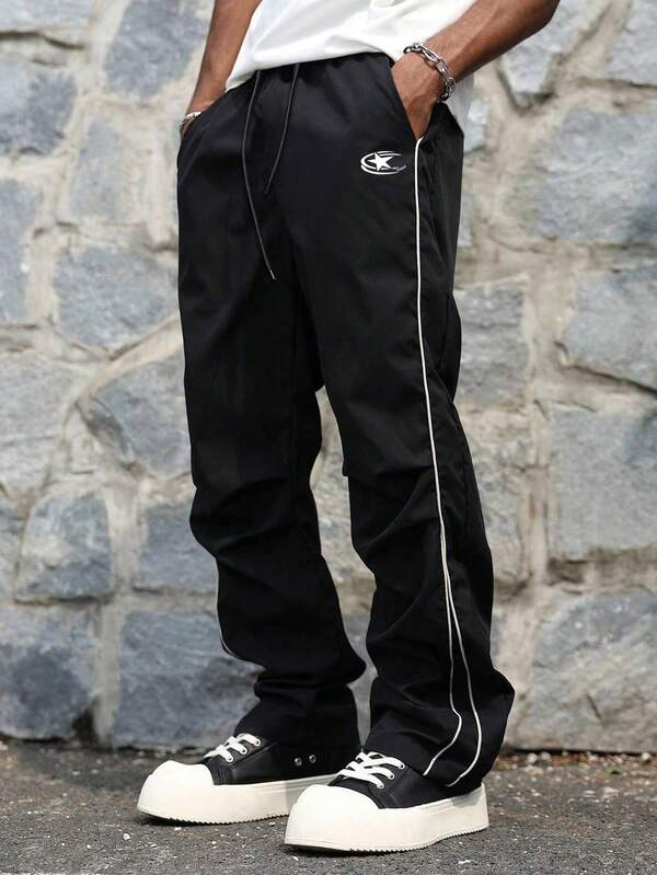 Men's Striped Patchwork Contrast Color Loose Straight Leg Pants, Spring & Autumn, Drawstring Waist Wide Leg Trousers, Letter Print, Casual, Commuting, Outdoor, Sports, School, Street Fashion, Versatile