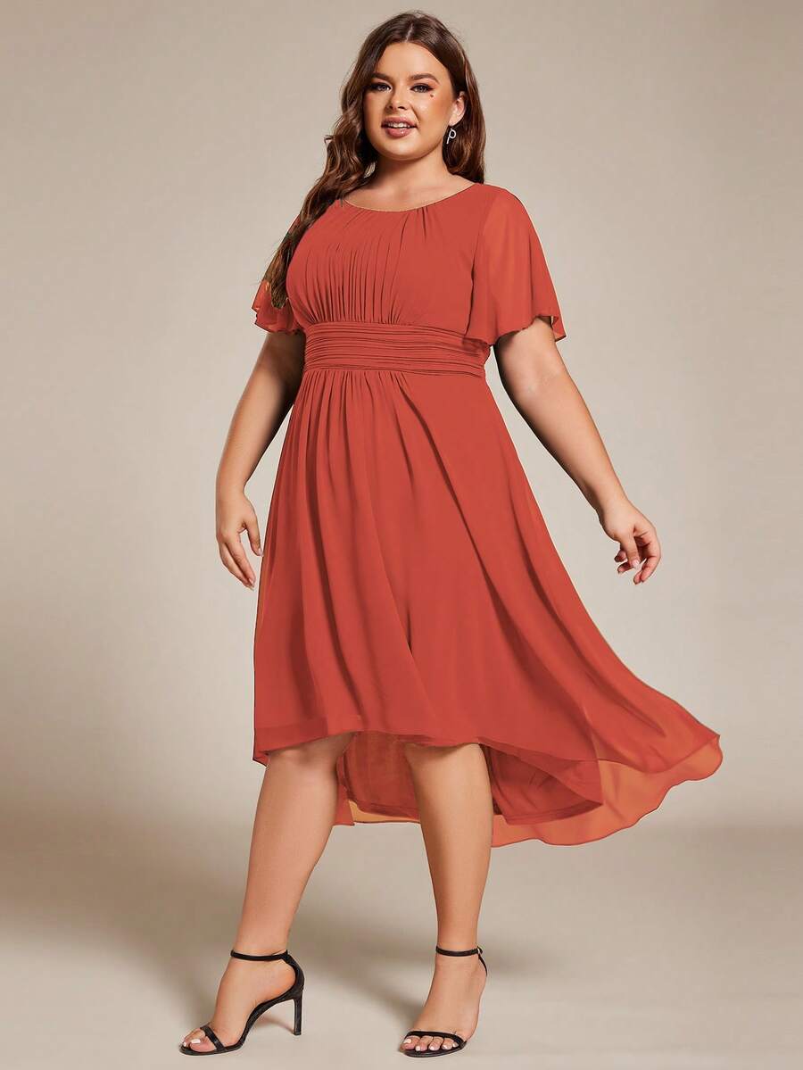 EVERPRETTY Đầm phù dâu cỡ lớn thanh lịch bằng chiffon, cổ tròn, tay ngắn, vạt trước ngắn vạt sau dài, thiết kế eo cao, màu cam chanh, thích hợp cho tiệc cưới, mùa xuân.
