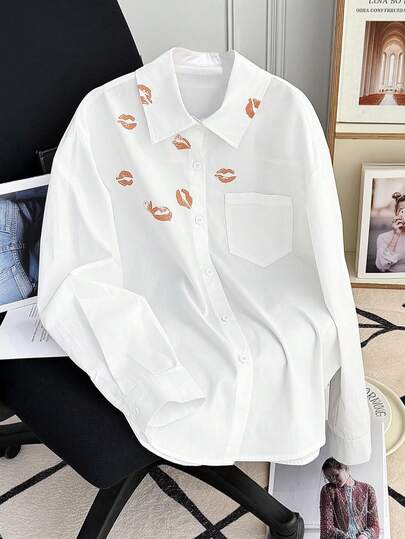 Women's Front Button Pocket Lip Print Long Sleeve Shirt
