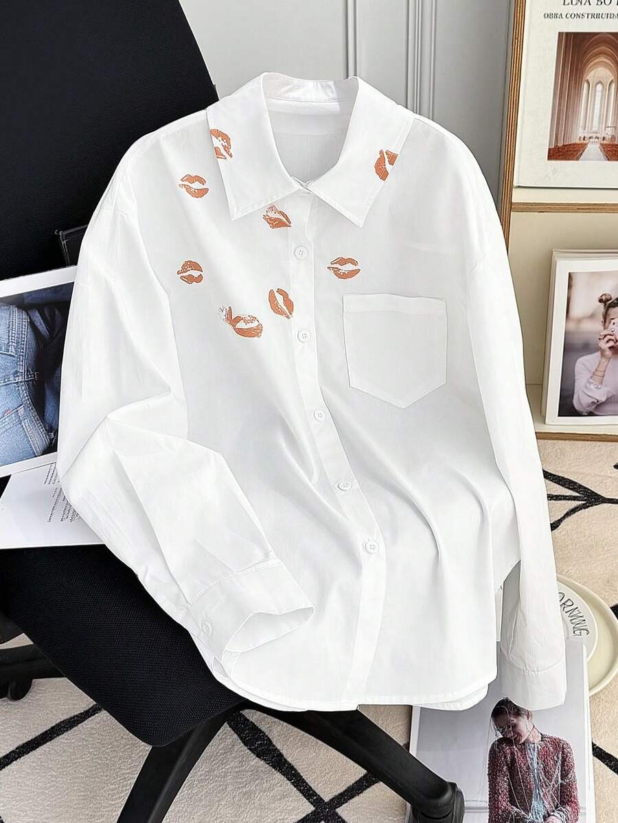 Women's Front Button Pocket Lip Print Long Sleeve Shirt - White - View 1
