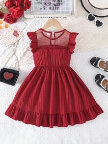 4-7 Years Old Girls Elegant Beaded Cap Sleeve Princess Style Dress - Red - View 2