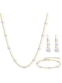 Milacolato Gold Jewelry Set For Women - 16K Gold Plated Pearl Necklace And Earring Set With Drop Earrings,Charm Layered Necklace,Adjustable Bracelets - Dainty Women's Pearl Jewelry Sets For Wedding Gifts - 金色 - 查看 8