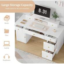 Computer Desk With 7 Drawers And Hutch, 54 Inch Home Office White Writing Desk With File Drawer And Shelves For Work Writing Study, Vanity Desk With Golden Handle For Girls, Bedroom, Black/ White - White - View 3