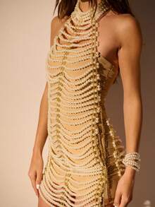 1条优雅精致的珍珠长项链，手工制作，华丽夺目，适合婚礼、派对、酒吧、音乐节等场合。情人节送给女性的礼物。 - 白色 - 查看 2