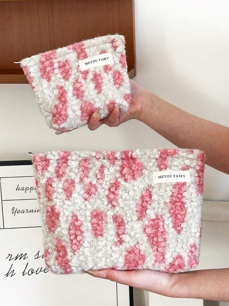 MEYOU FAIRY AGG, Curly Lamb Wool Leopard Print Makeup Bag, Soft Plush Zipper Cosmetic Bag, Large Capacity Portable Travel Storage Bag, Gift For Women And Girls - Multicolor - View 1