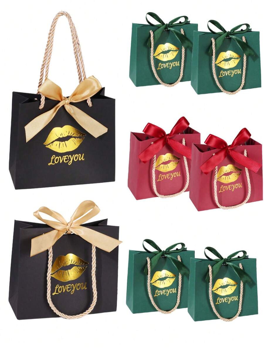10个/1个/情人节带提手礼品袋，尺寸5.5 x 2.4 x 4.7英寸，唇形LOVE黑色迷你礼品袋，带蝴蝶结丝带，小型派对礼品袋，批量供应，适用于复活节、母亲节、情人节、送礼、婚礼等场合。 - 墨綠色-嘴唇款[手提] - 查看 1