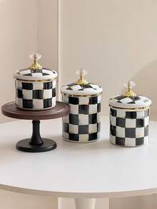 1pc Vintage Classic Plaid Wooden Handle Enamel Teapot, Cup, Large Capacity Straight Canister With Lid, Nordic Style Diamond Lid Large Capacity Kettle, Multipurpose High Temperature Resistant Kettle, Coffee Pot, Milk Tea Pot, Fruit Tea Pot, Unbreakable And Non-Stick Oil Pot, Back To School Supplies - Plaid - View 11