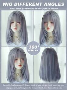 AKAKO 浅蓝色挑染波波头假发，带刘海，14英寸短直发，女士齐肩长度，合成刘海假发，外观自然，耐热，适合日常、万圣节派对等场合，Y2K和哥特风格假发配件 - 挑染藍色 - 查看 5