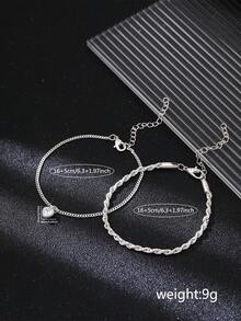 2件套优雅银色扭纹链和基础款链条组合心形吊坠手链套装，适合情人节和母亲节。 - 銀色 - 查看 8