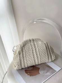Women's Knitted Handbag, Colorful Patchwork Large Capacity Classic Retro Coin Purse, Suitable For Holiday Travel - Beige - View 2