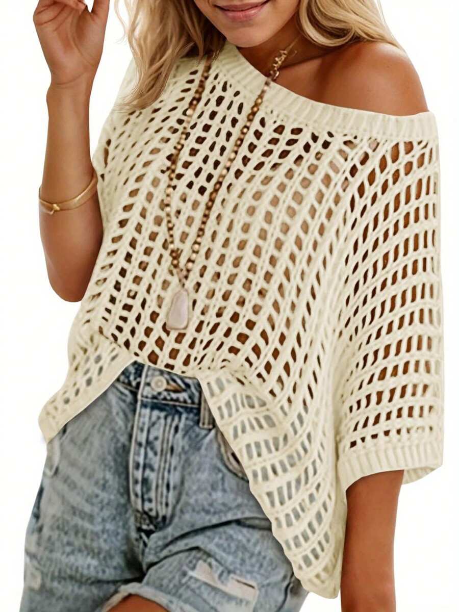 Womens Crochet Sweater Tops Batwing Short Sleeve Oversized Boat Neck Boho Knit Summer Beach Cover Ups - Be - Xem 1