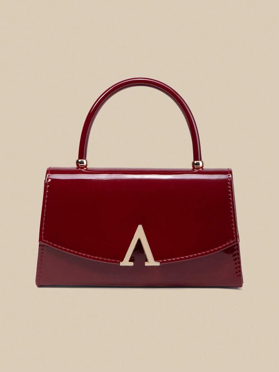 1 pieza Bolso de mano con solapa y espejo de unicolor de moda para mujeres, decorado con herrajes metálicos, bolso de negocios elegante adecuado para uso diario de las mujeres, embrague/bolso de mano/bolso de hombro/bolso cruzado, aplicable para boda/fiesta/baile de graduación/banquete - Burdeos - Ver 1