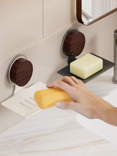 Suction Cup Soap Dish, Shower Soap Tray, Wall-Mounted Design, No-Drilling Installation, Suitable For Washbasin Soap Drainage And Storage, Bathroom Wall-Mounted Suction Cup Soap Holder, Bathroom Toiletries Storage, Sink, Gunmetal Gray, Milky White