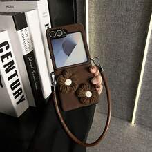 Korean Wool Flower Moon Pit Pattern Brown Phone Case With Anti-Loss Protable Strap Compatible With Samsung Galaxy ZFlip7 Z Flip6 ZFlip 5 Zflip6 Zflip5 Shockproof Back Cover - Brown - View 2