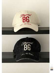 1顶复古美式字母刺绣软顶棒球帽，复古做旧可调节男女通用透气遮阳帽，适合春夏、海滩、度假 - 86字母做舊 - 查看 3