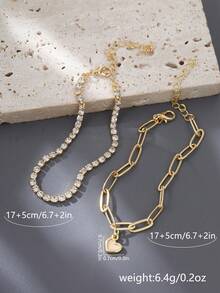 2件套时尚简约金色爪链和十字链，搭配心形仿贝壳吊坠叠戴手链套装，女士礼物（链条、扣环和珠子数量随机） - 金色 - 查看 8