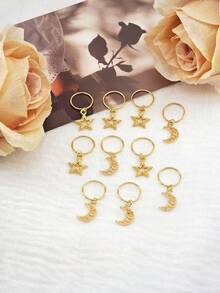 10个/套 星月图案发圈，独特金色发饰，适合化妆和派对 - 金色 - 查看 2