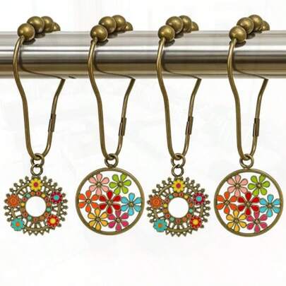 Boho Bloom 12 Pack Enamel-Inlaid Metal Shower Curtain Hooks Decorative Boho Shower Curtain Hooks For Boho Bathroom Decor
