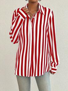 Contrast Color Block Striped Button Front Women Shirt, Loose Striped Blouse For Women Slimming Vintage Niche Versatile Top, Suitable For Daily Life And Valentine's Day - Đỏ - Xem 5
