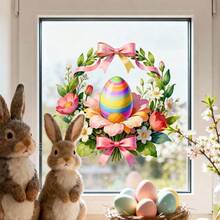 1片花卉蝴蝶结彩蛋窗贴，可移除静电贴纸，适用于春季复活节卧室、客厅、阳台和店面装饰 - 彩色 - 查看 11