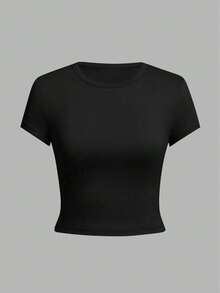 Women's Summer New Casual Slim Fit Round Neck Cropped T-Shirt, Fashionable Everyday Top, Suitable For Daily And Vacation Wear. Women's T-Shirt Top. - Black - View 4