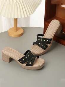 夏季新款时尚舒适厚底女童拖鞋，百搭青少年单带沙滩凉鞋 - 黑色 - 查看 2