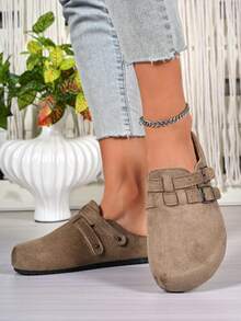 女士套脚穆勒鞋，春秋新款休闲无后跟乐福鞋，防滑平底露趾凉拖鞋 - 卡其色 - 查看 4