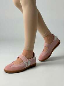 Soraia 鞋履，復古運動瑪麗珍鞋，橡膠鞋底側條紋瑪麗珍鞋，學院風美學風格，休閒沙灘鉤環鞋帶，家居 - 粉色 - 查看 3