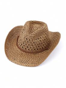 1顶复古镂空宽檐草帽,男女通用户外旅行沙滩遮阳帽,手工编织透气西部牛仔巴拿马帽,春夏款 - 鏤空草帽 - 查看 7