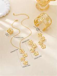 3pcs/5pcs Flower & Butterfly Jewelry Set, Necklace, Earrings, Bracelet, Ring, Metal 5-Petal Flower & Butterfly, Elegant & Sweet Women Accessories - Yellow Gold - View 10