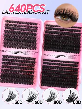640片睫毛嫁接套装，50D+60D+80D+100D高容量组合睫毛，单根睫毛套装，10-16mm粗D卷单根睫毛，便携式蓬松睫毛套装，包含DIY睫毛簇、睫毛扇、单根睫毛、假睫毛