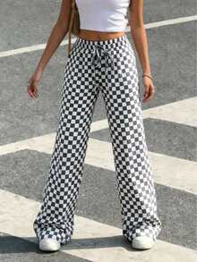 Plus Size Women's Fashionable Contrasting Checkerboard Pattern Print, Loose Casual Sports Straight Leg Pants , Spring/Summer Street Pants - Dark Grey - View 4