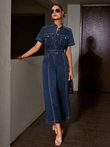 Sollinarry Bộ jumpsuit ống rộng phối màu tương phản phong cách cổ điển dành cho nữ, thích hợp cho mùa xuân và hè. - Màu xanh lam - Xem 3