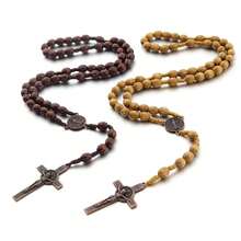 Rosary Beads Catholic For Women Handmade Wooden Catholic Rosay With Jes 1us Christ Crucifix Cross Real Healing Wooden Rosary Beads Yoga Meditation Prayer Bead Necklace - 棕色 - 查看 6
